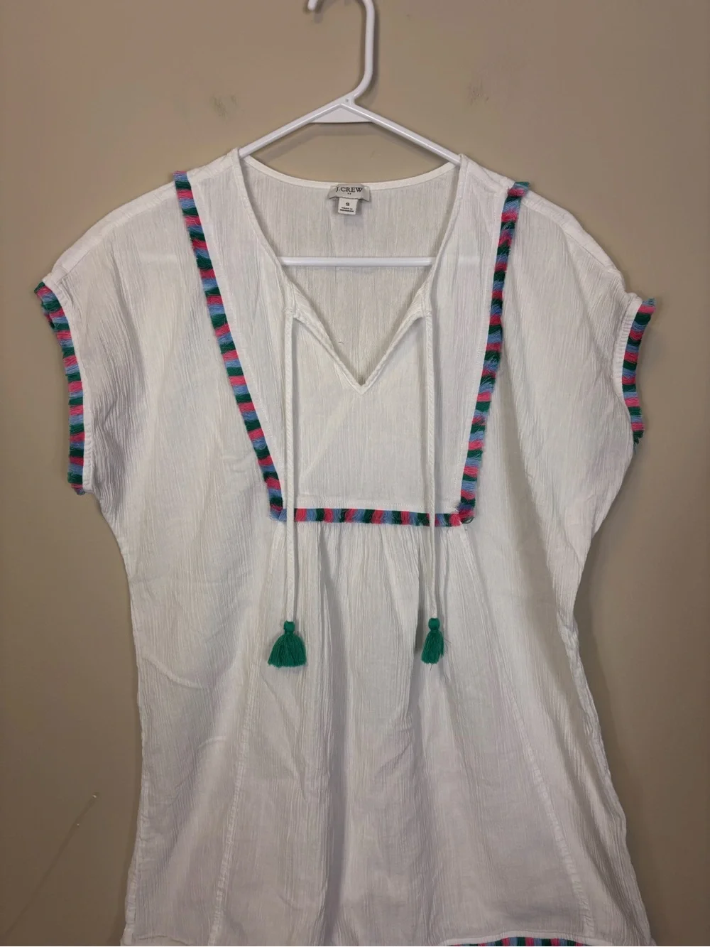 J. Crew White Gauze Tassel Trim V-Neck Top with Multicolor Stripe Small